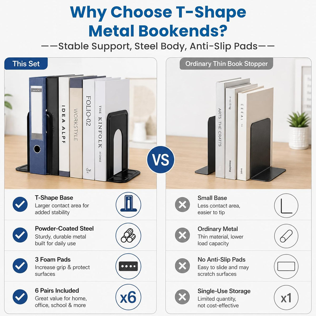 6 Pairs Heavy Duty Metal Book Ends for Shelves