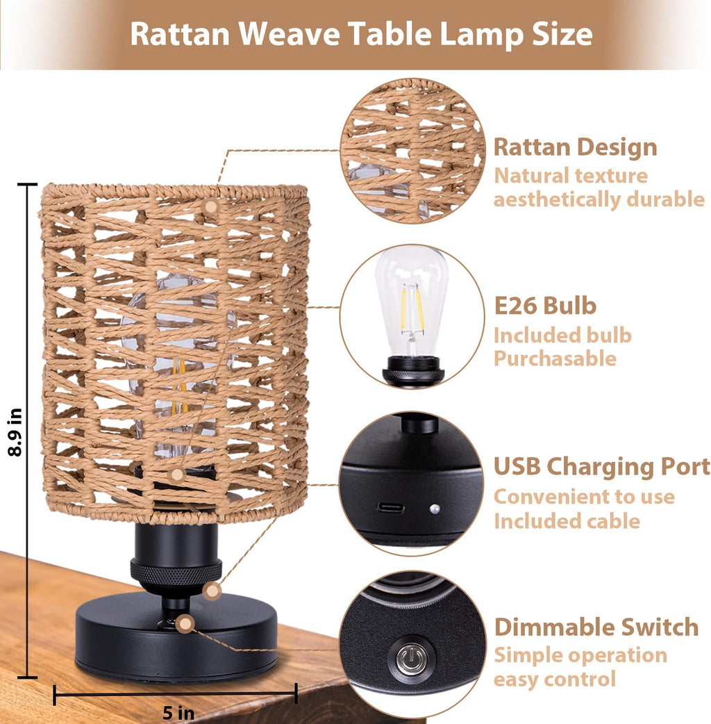 Cordless Outdoor Table Lamps, Small Rattan Boho, Rechargeable Battery Operated for Outdoor Patio, Home, Living Room, Bedroom, Bedside - Set of 2 (Beige-B)