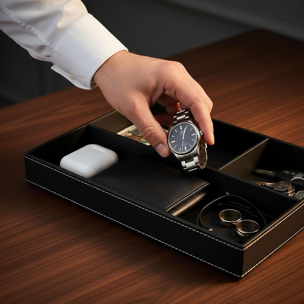 Leather Valet Organizer Nightstand & Dresser Storage Tray (Black)