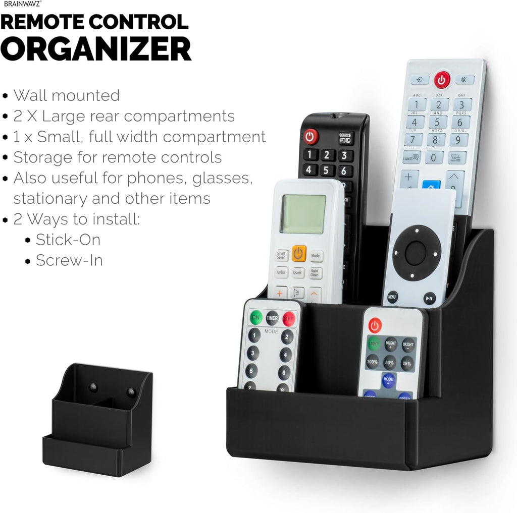 BRAINWAVZ Adhesive Remote Control Wall Mount Holder, Easy To Install, Holds upto 4 Remotes & Storage for Phones, Pens & More, Screw-In or Stick-On