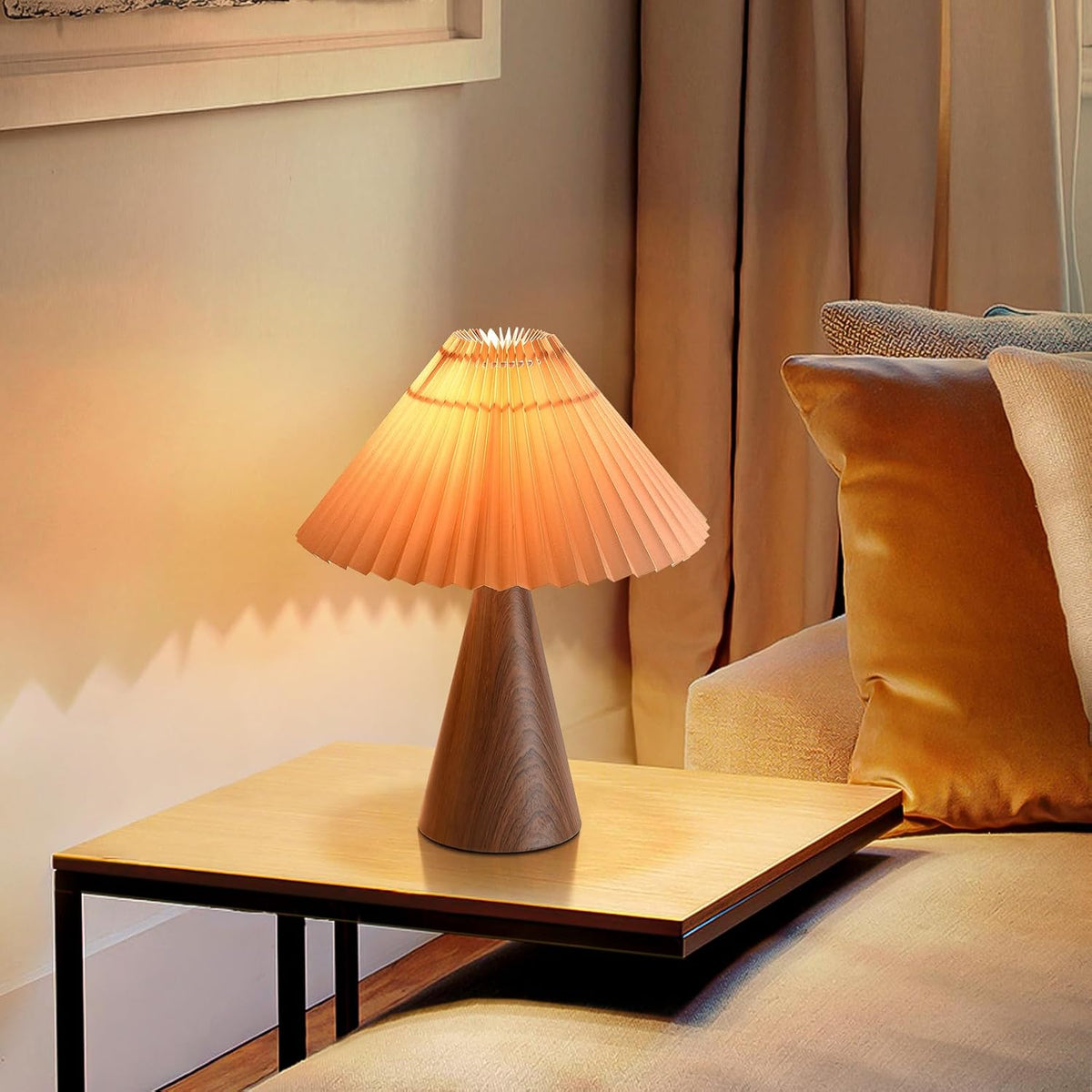 Ziqqeelam Wood Touch Control Table Lamp, Mini Cute Table Lamp, Wooden Grain Bedroom Lamps for Nightstand, Small Scalloped Lamp Shade Table Lamps for Small Spaces for Bedroom,Living Room