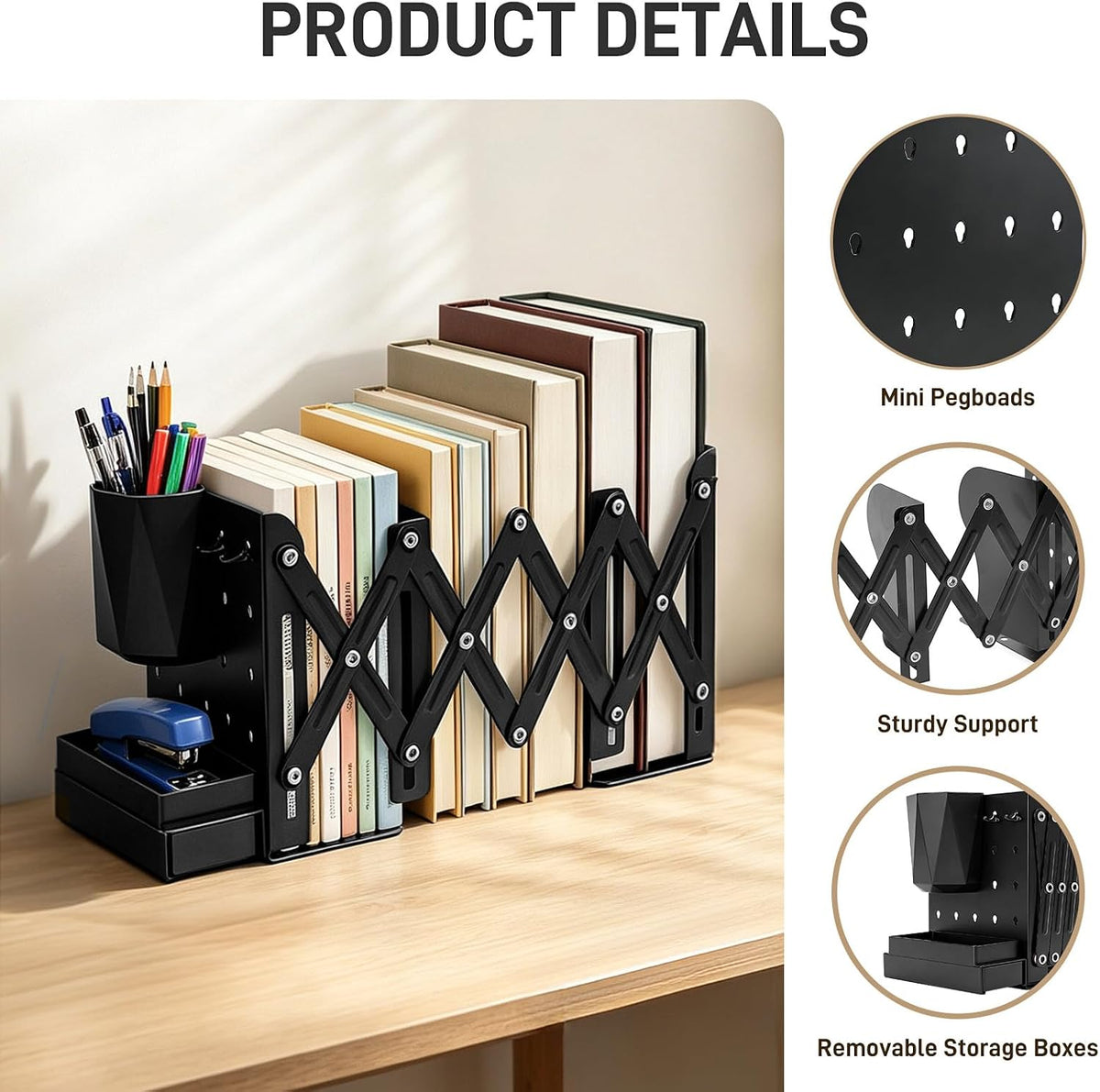 Adjustable Bookends with Mini Pegboard 6 Hooks/Pen Holder/Tray for Desktop