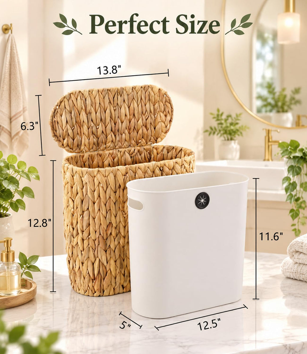 3 Gallon Wicker Trash Can with Lid, Natural Water Hyacinth Waste Basket