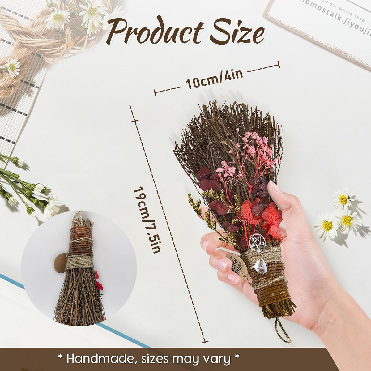 Cinnamon Broom 7.5 Inch Witch Broom for Altar Witchy Gifts (Red)