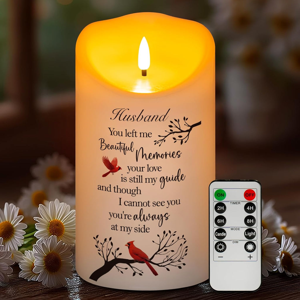 Flameless Memorial Candle for Loss of Husband, Real Wax LED Light with Remote Sympathy Bereavement Gifts for Loss of Loved One Memorial Gifts for Loss of Husband Remembrance Gifts (4" x 7")