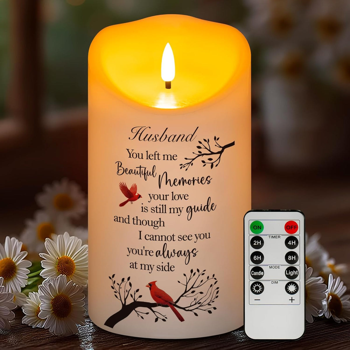Flameless Memorial Candle for Loss of Husband, Real Wax LED Light with Remote Sympathy Bereavement Gifts for Loss of Loved One Memorial Gifts for Loss of Husband Remembrance Gifts (4" x 7")