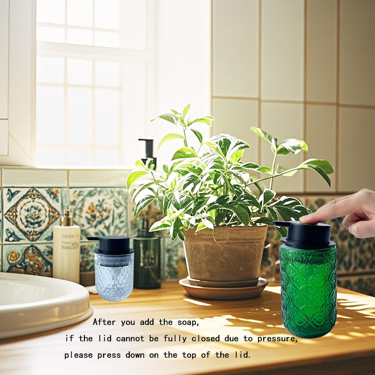 Foaming Hand Soap Dispenser,Vintage Glass Soap and Lotion Dispenser for Bathroom,Kitchen Dish Soap Dispenser with Black Foam Pump (Blue Begonia Flower+Black Lid)