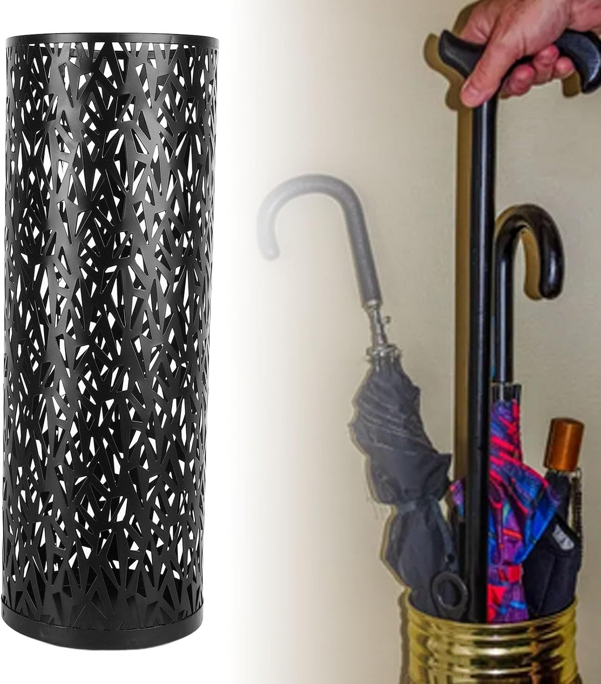 Umbrella Stand Rack for Entryway, Metal Hollowed Freestanding Umbrella Holder, Rain Collection Umbrella Organizer Bin for Can Walking Stick, Home Office Decor, Large
