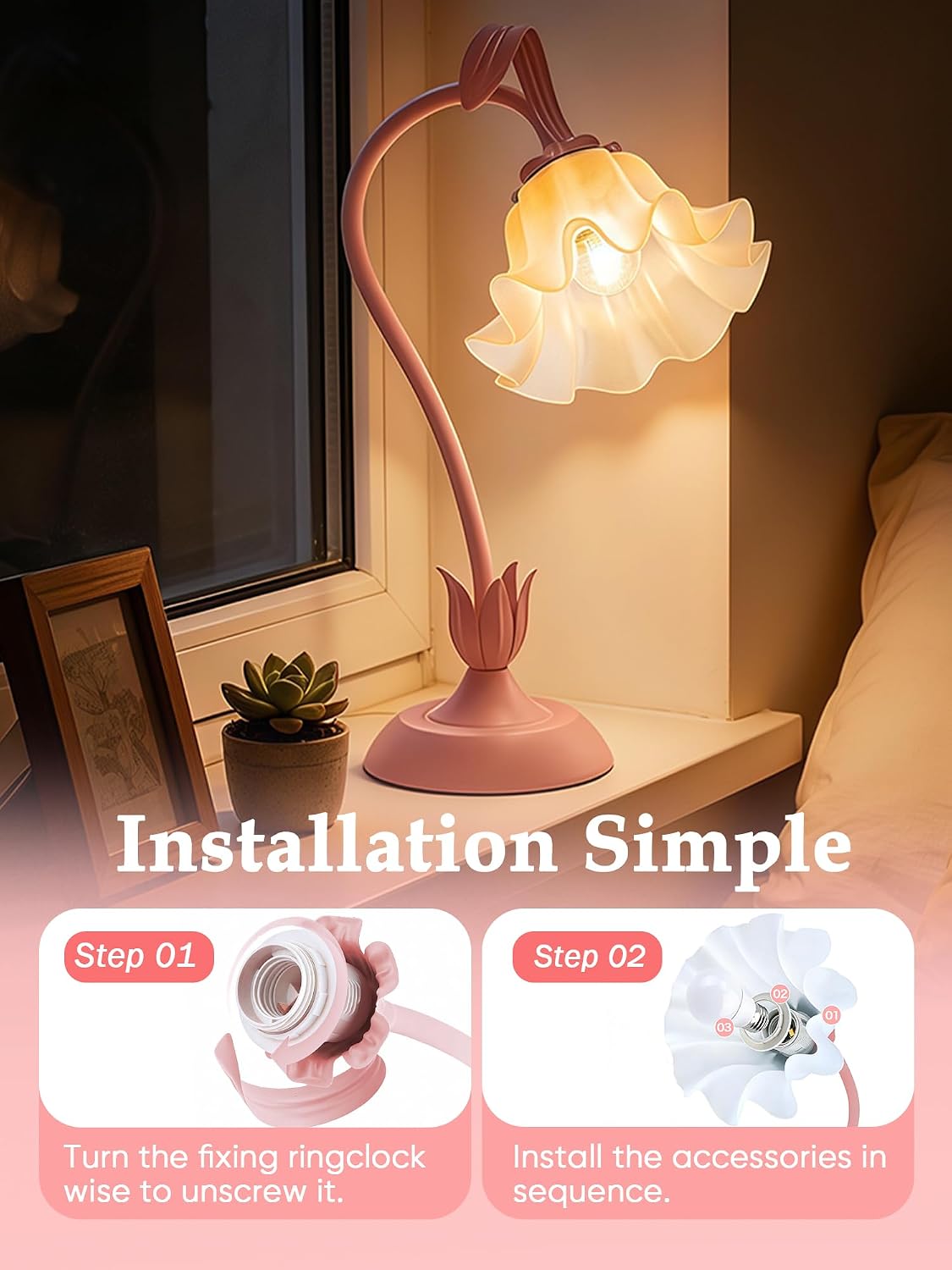 Bedside Table Lamp for Bedroom, Vintage Flower Table Lamps, LED Reading Light 3 Color Modes Bedside Lamps, Nightstand Lamp Kawaii Desk Lamps for Bedroom Living Room Home Decoration(Pink lamp)