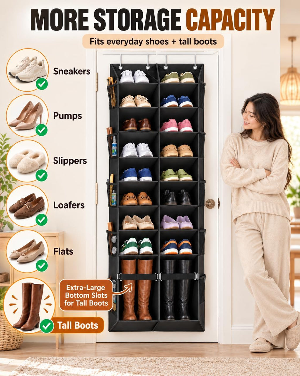 Over the Door Shoe Organizer with Oversized Boot Pocket, Hanging Storage