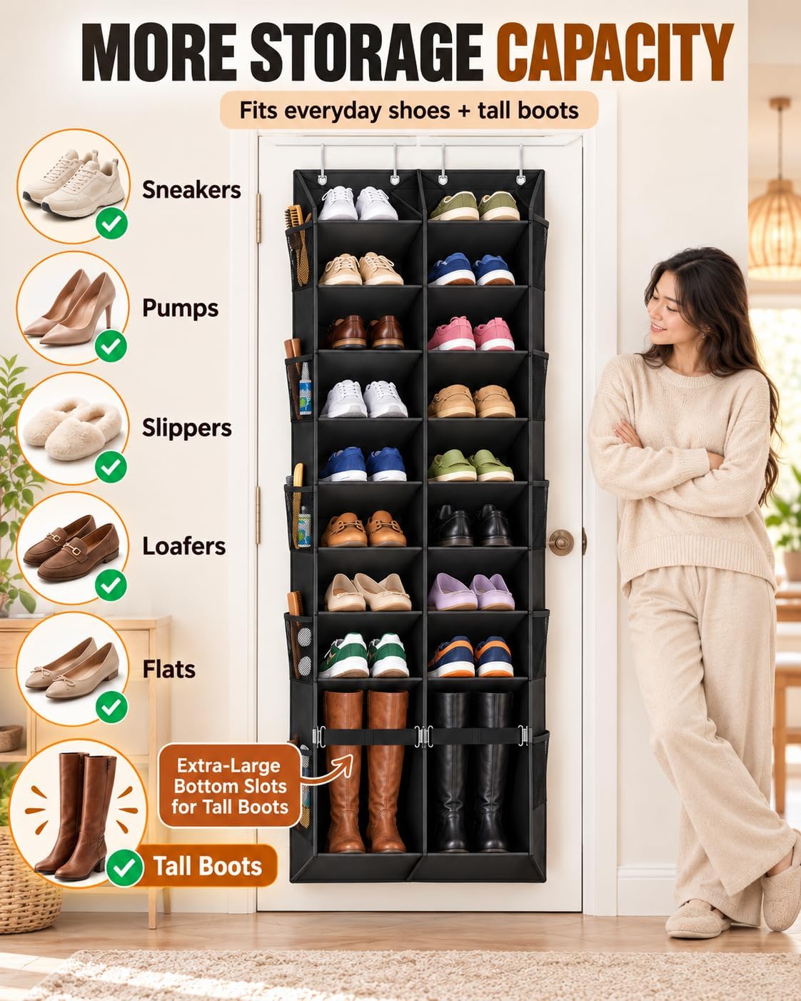 Over the Door Shoe Organizer with Oversized Boot Pocket, Hanging Storage