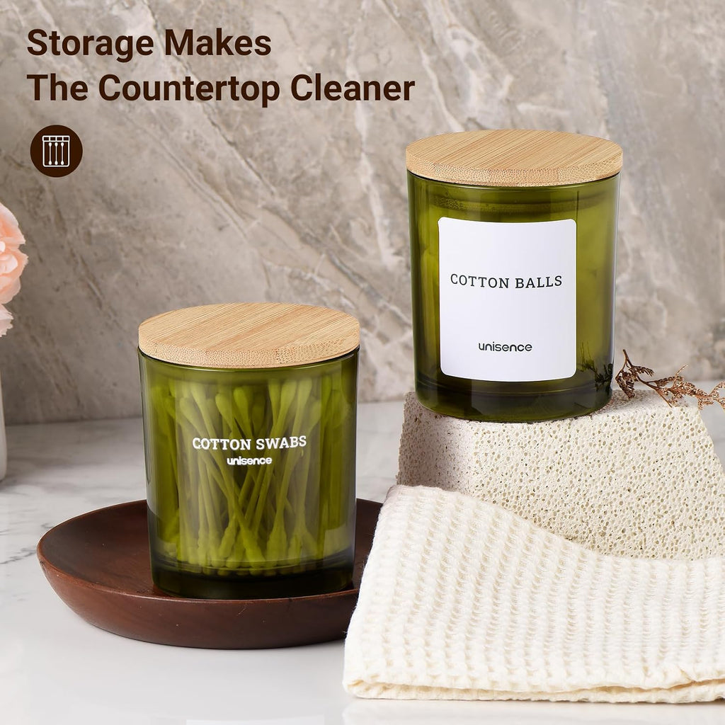2 Pack Glass Qtip Holder Dispenser Set - Q Tip Holder for Bathroom Canister Qtip Dispenser with Lid for Cotton Balls, Swabs, Floss Picks, and Makeup Sponges ,Olive Green,Large Capacity