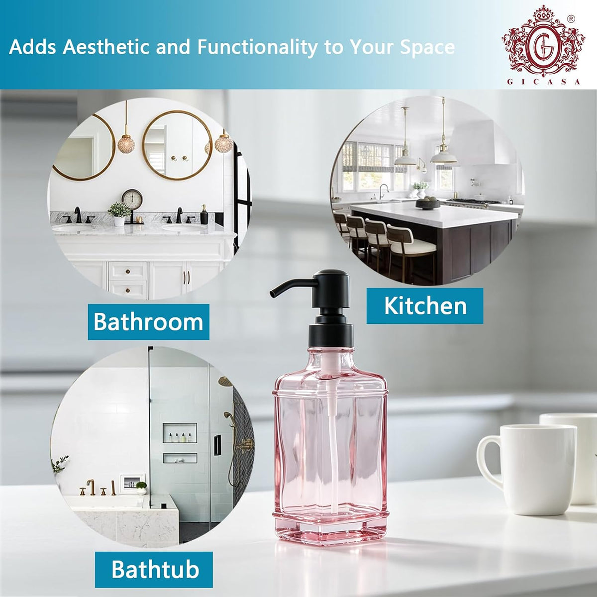 Soap Dispenser，10 Oz Antique Design Thick Glass Hand Soap Dispensers; with 304 Rust Proof Stainless Steel Pump, 6Pcs Stickers, for Kitchen,Bathroom, Pink+Oil Rubbed Bronze