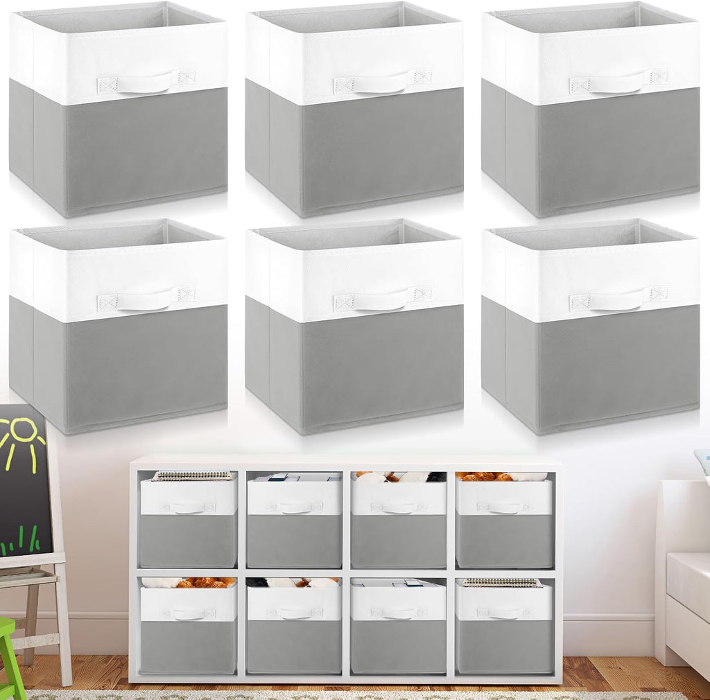 Yinder 6 Pcs Cube Storage Bin White Gray 10.5''x10.5''x11'' Storage Bins for Playroom Decor Colorful Bins for Kids Foldable Baskets for Nursery Organizer Boxes Fabric Boxes