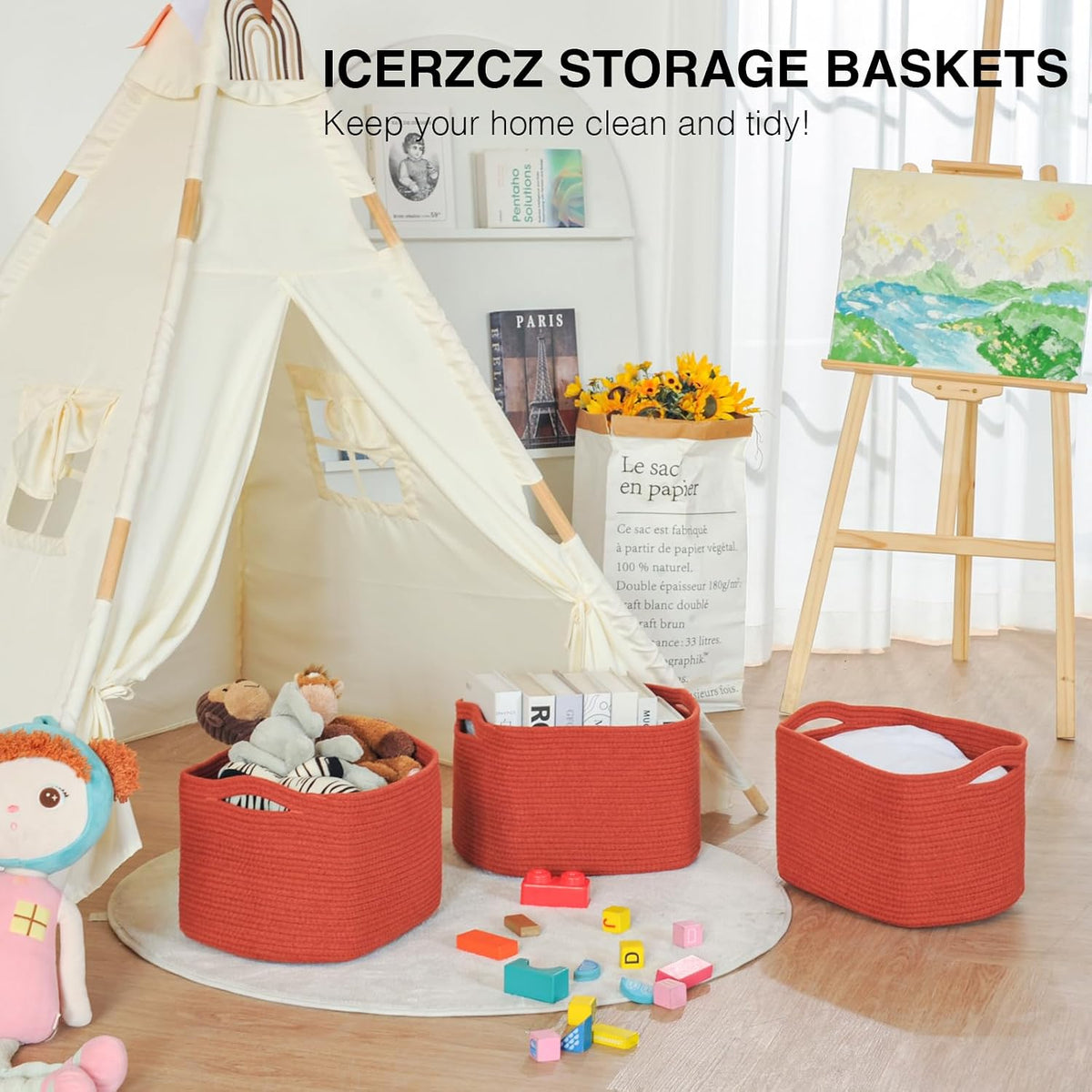 ICERZCZ Storage Baskets for Organizing, Storage Basket for Shelves, Toy Towel Basket for Bathroom Nursery, Woven Cotton Rope Baskets for Decor, 15"x11"x9.5", 3 Packs, Brick Red