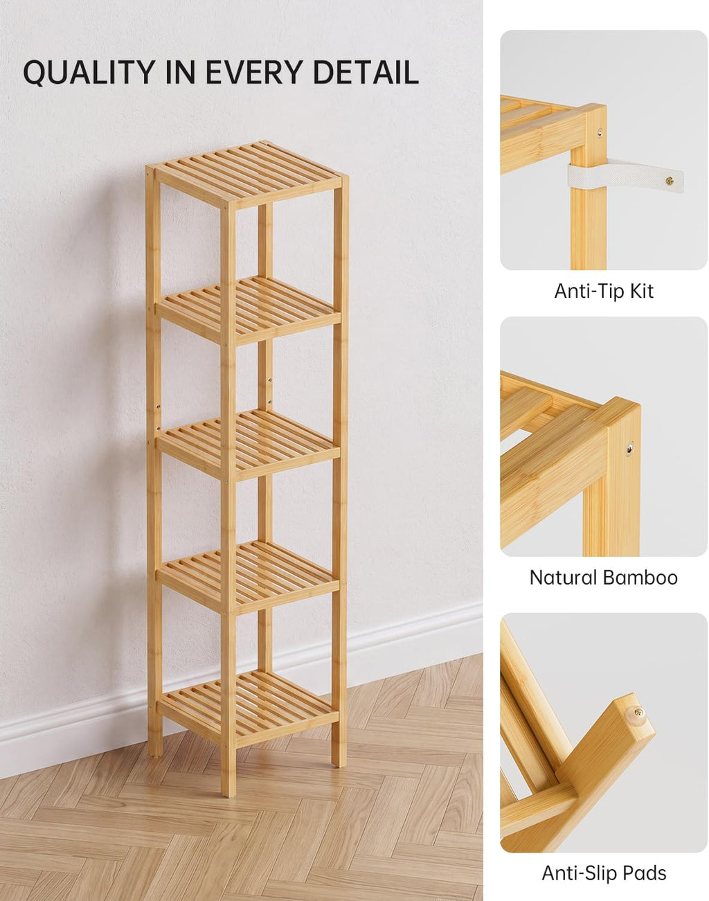 SMIBUY Bathroom Storage Shelf, 5-Tier Bamboo Rack Organizer, Multifunctional Shelving Unit for Living Room Bedroom Kitchen (Natural)