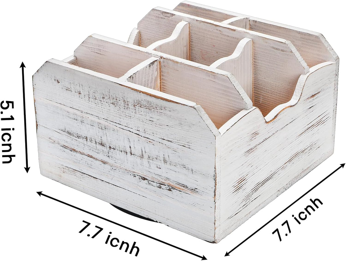 yarlung Vintage Rotating Remote Control Holder, Shabby Chic White Wooden Office Supplies Organizer 7 Compartments, 360° Rotation Multipurpose Storage Caddy for Pens, Art Supplies, TV Media