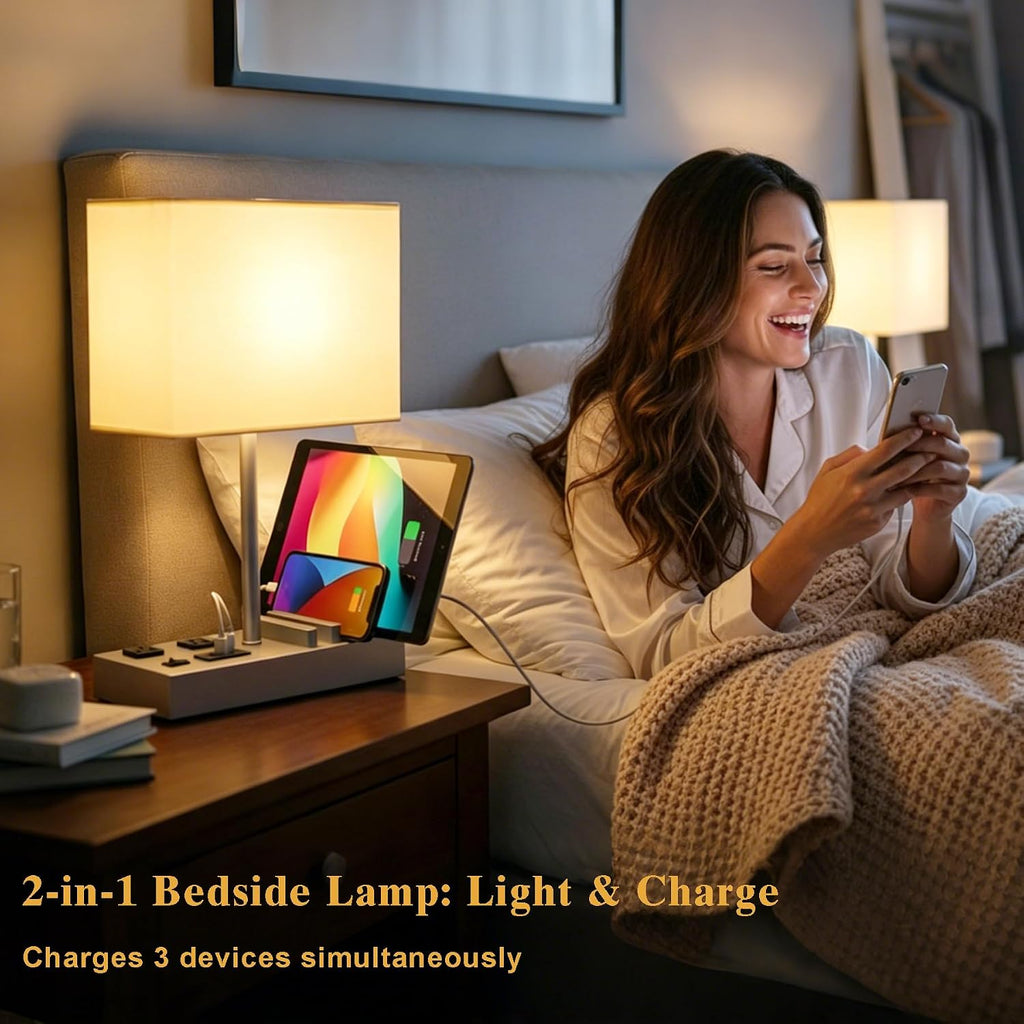 Multi-Functional Table Lamp with 3 USB Charging Ports & 2 AC Outlet, Silver