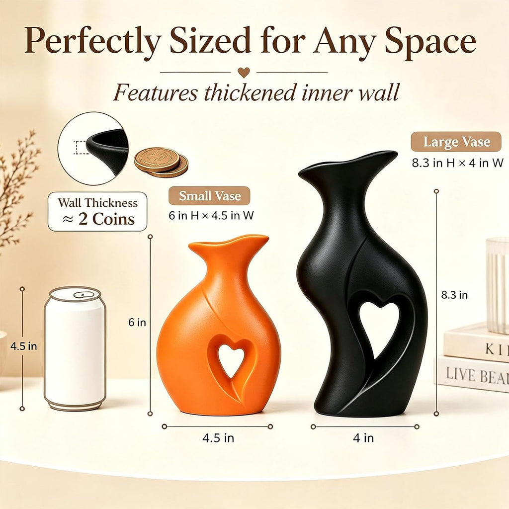 Fall Ceramic Vases Heart Shaped Vase Set of 2 (Orange & Black)