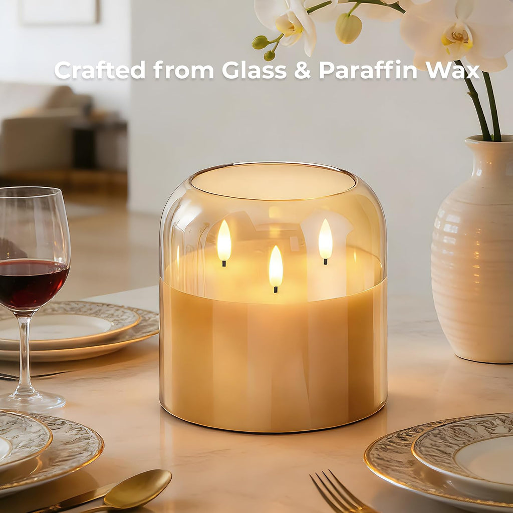 3 Wick Flameless Candle with Remote, Gold Glass, Wax, Battery Operated LED