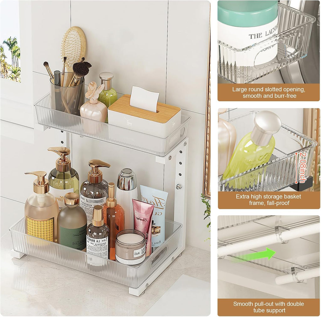 ETOYA 2 Pack Under Sink Organizer Kitchen, 2-Tier Pull Out Cabinet Organizer, L-Shaped Adjustable Height, Acrylic Under Sink Storage Shelf for Kitchen, Bathroom Vanity & Utility Closet