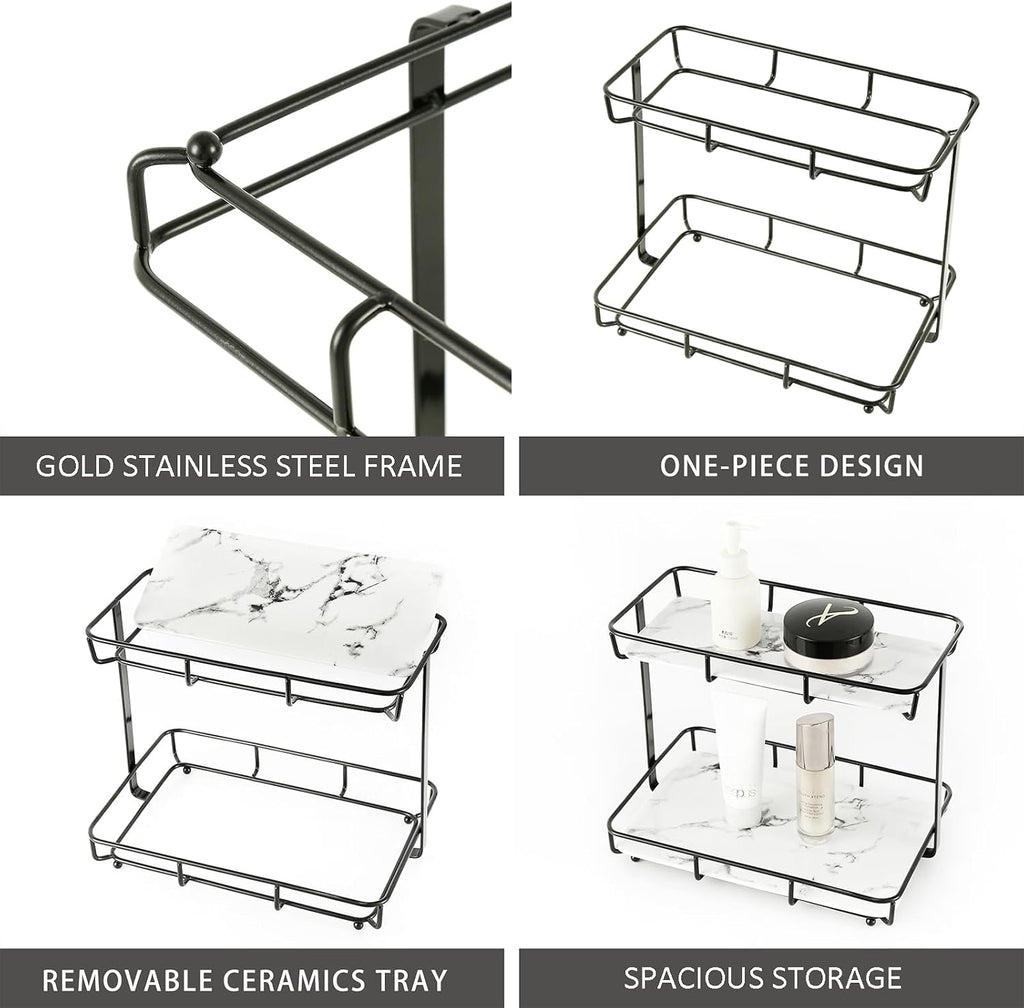 Bathroom Organizer Countertop Perfume Organizer Makeup Organizer Cosmetics Storage Display Rack Vanity Tray Dresser Stainless Steel Gold Shelf White Marble Ceramic Tray (2 Tier L-Black)