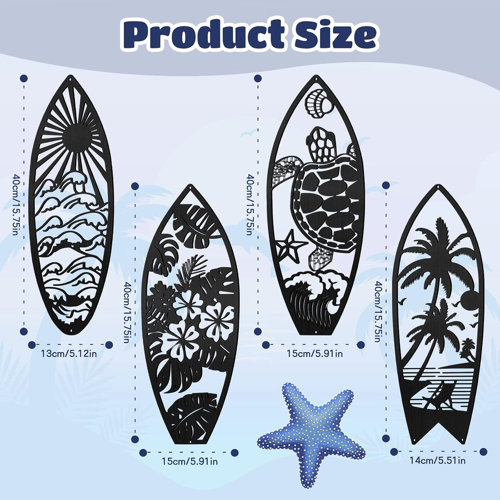 Therwen 4 Pcs Metal Surfboard Wall Decor, Tropical Beach Palm Turtle, Black