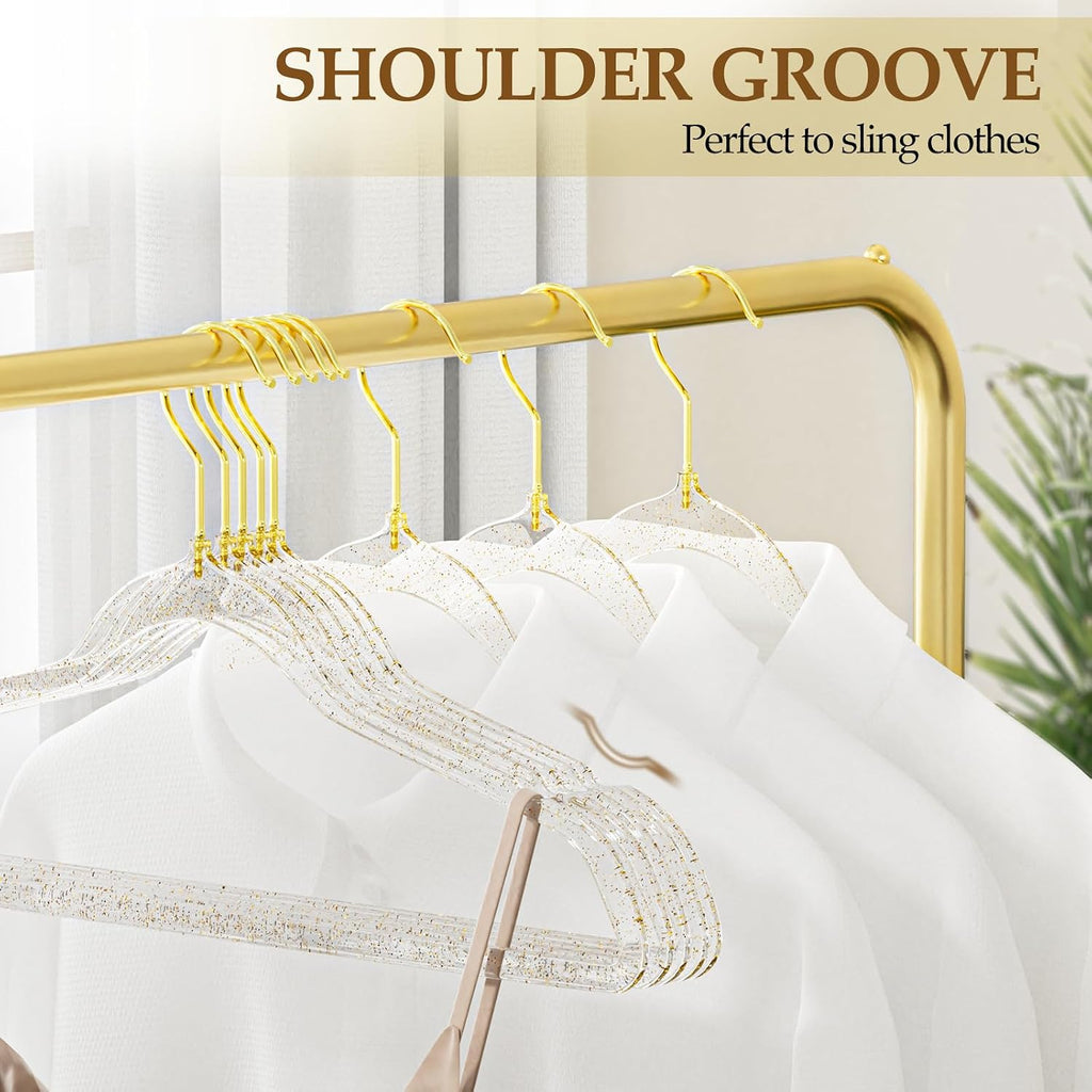 50 Pack Clear Acrylic Hangers with Gold Glitter, Space Saving