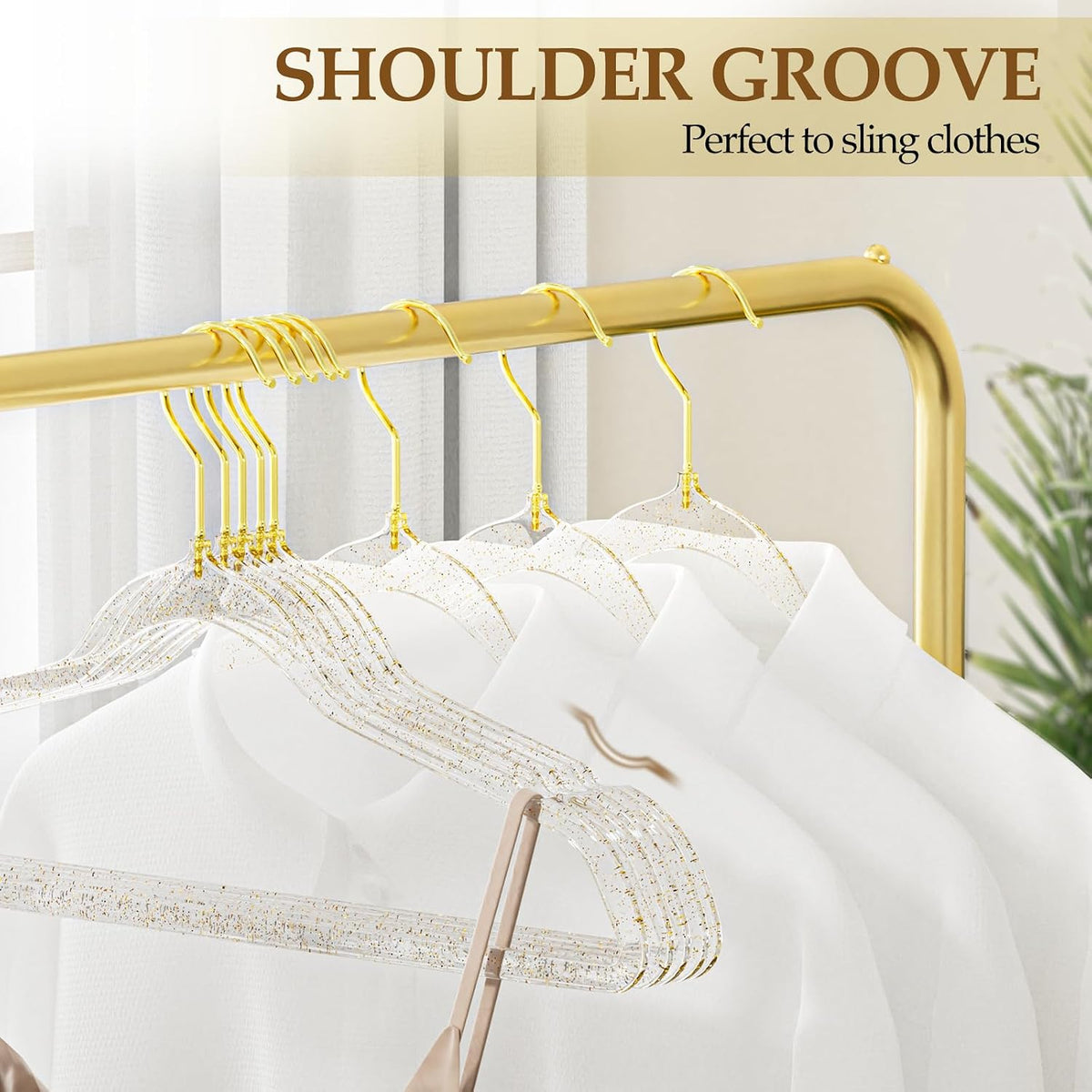 50 Pack Clear Acrylic Hangers with Gold Glitter, Space Saving
