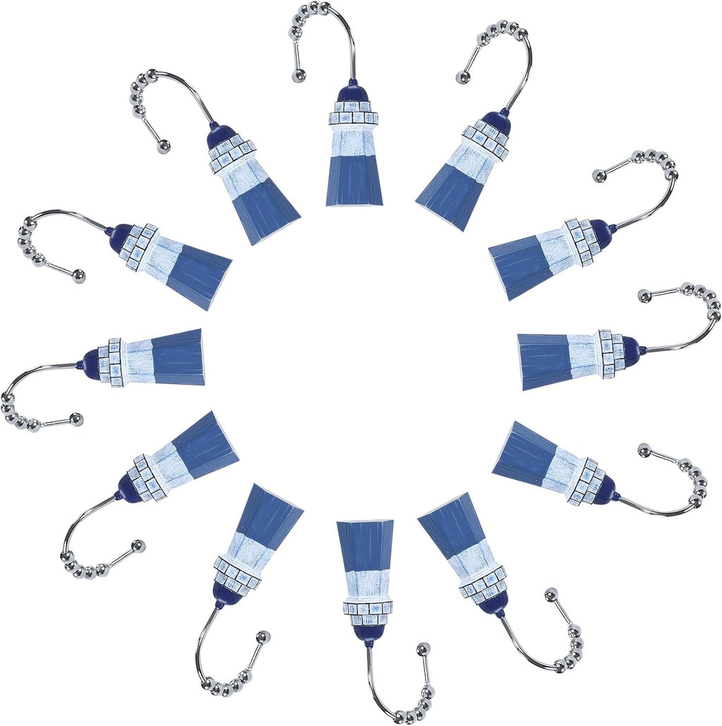 Lighthouse Decorative Shower Curtain Hooks,5 Roller Ring Balls Designed Coastal Hooks for Bathroom Curtains,Set of 12