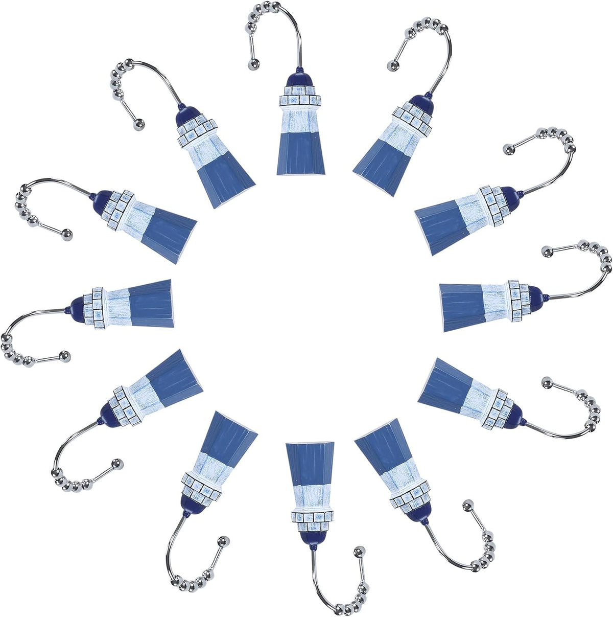 Lighthouse Decorative Shower Curtain Hooks,5 Roller Ring Balls Designed Coastal Hooks for Bathroom Curtains,Set of 12