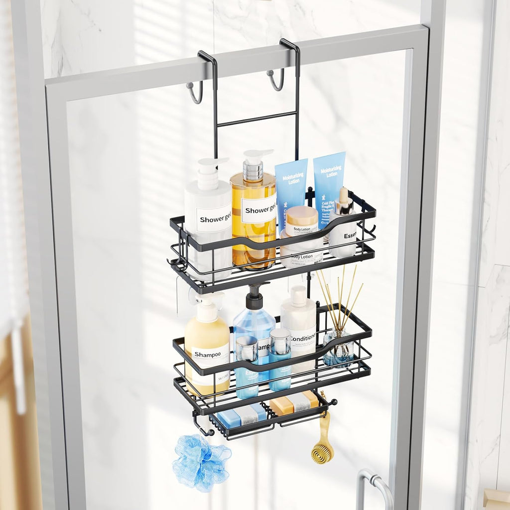 Consumest Over The Door Shower Caddy - 3 Tier Shower Shelves Hanging with Soap Holders, Large Capacity Shower Organizer with 6 Hooks, Bathroom Rack and Storage, Black