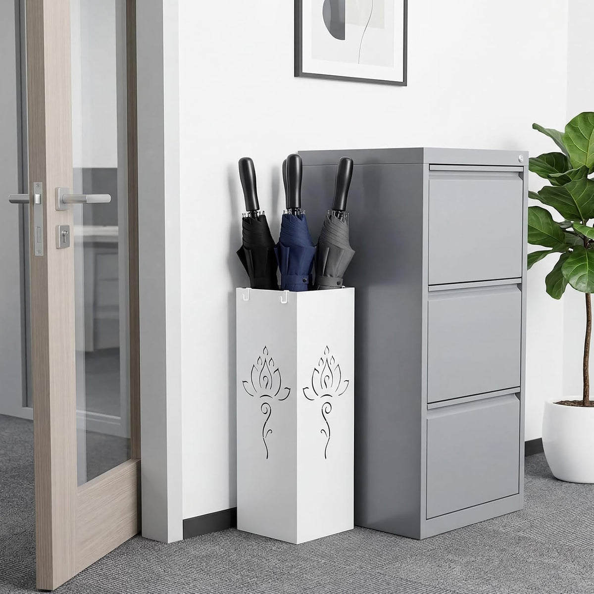 Square Metal Umbrella Holder, Square Free Standing Umbrella Rack Decorative Umbrella Holder Hollow Cutout Pattern Design for Umbrella Cane Entryway Home Office 19.49" X 6.1" X 6.1" (White hollowed out