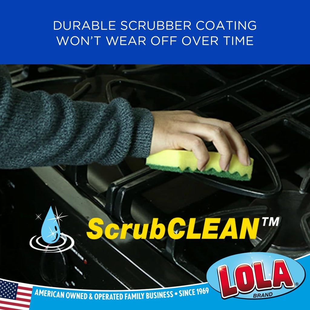 LOLA Heavy Duty Scrub Sponges, 24 Pack, Made in USA, Superior Sponge Lasts up to 4X Longer, Reusable Long Lasting, Next Generation Cleaning