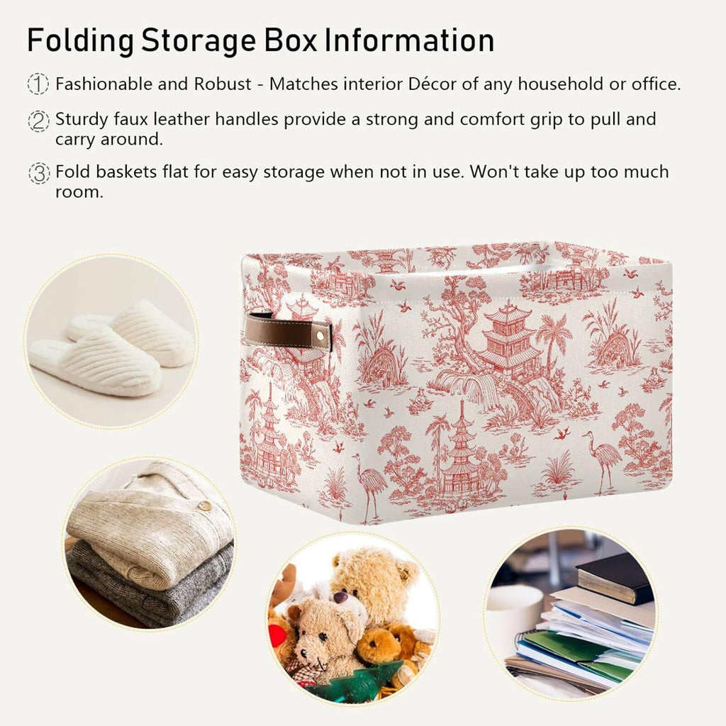 Chinoiserie Style Storage Baskets,Decorative Collapsible Rectangular Canvas Fabric Storage Bin for Home
