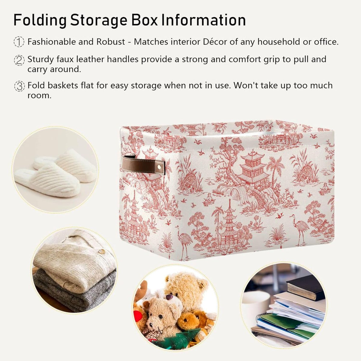 Chinoiserie Style Storage Baskets,Decorative Collapsible Rectangular Canvas Fabric Storage Bin for Home, 2PACK