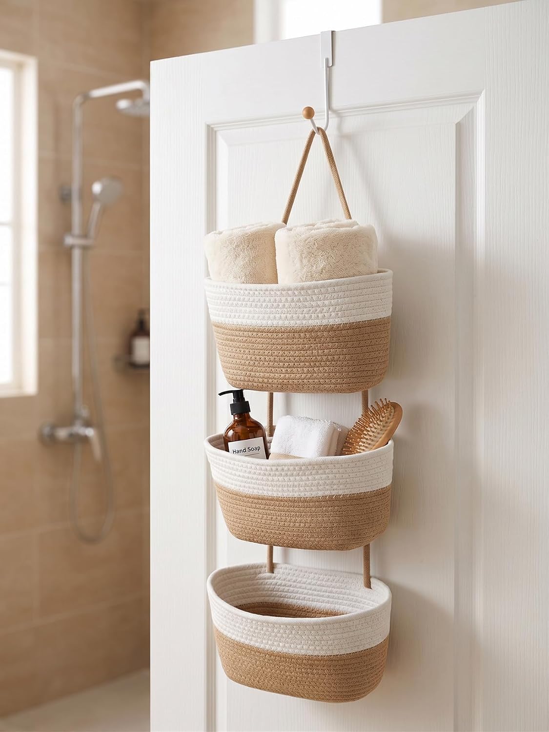Over the Door Hanging Basket for Organizing 3 Tiers Woven Cotton Rope Wall Mount Storage basket Decorative Kitchen Hanging Organizer Bathroom include 1 door hook Flaxen+White