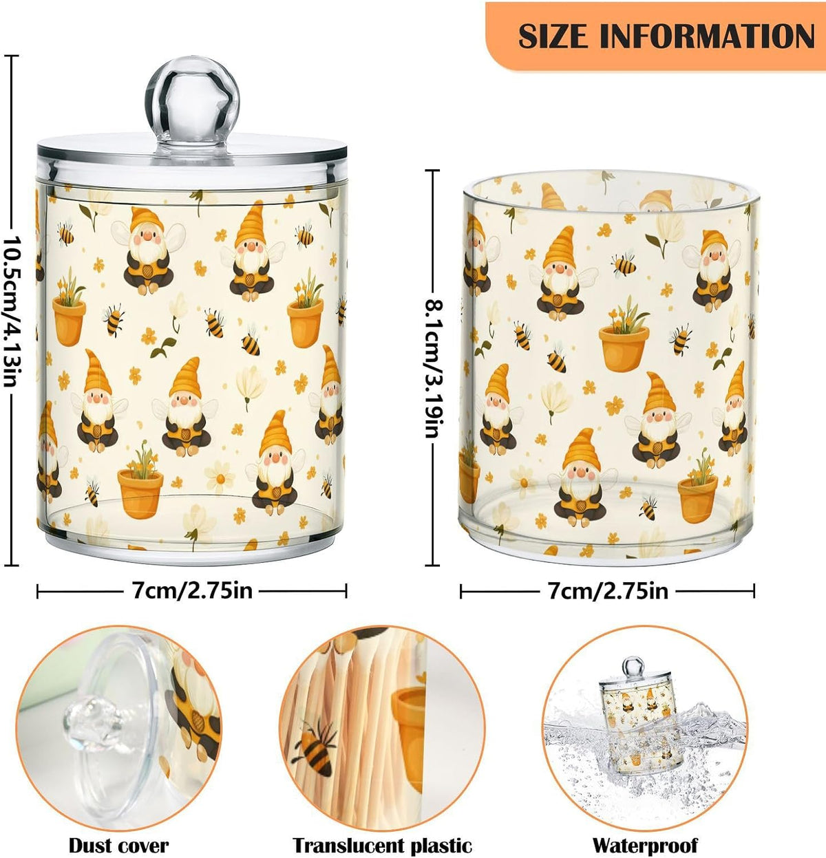 Gredecor Qtip Holder Dispenser 2 Pack Gnome Bees Flying Dwarf Daisy Apothecary Jars with Lids Bathroom Vanity Countertop Canister Storage Organizer for Cotton Ball,Swabs,Pads,Floss