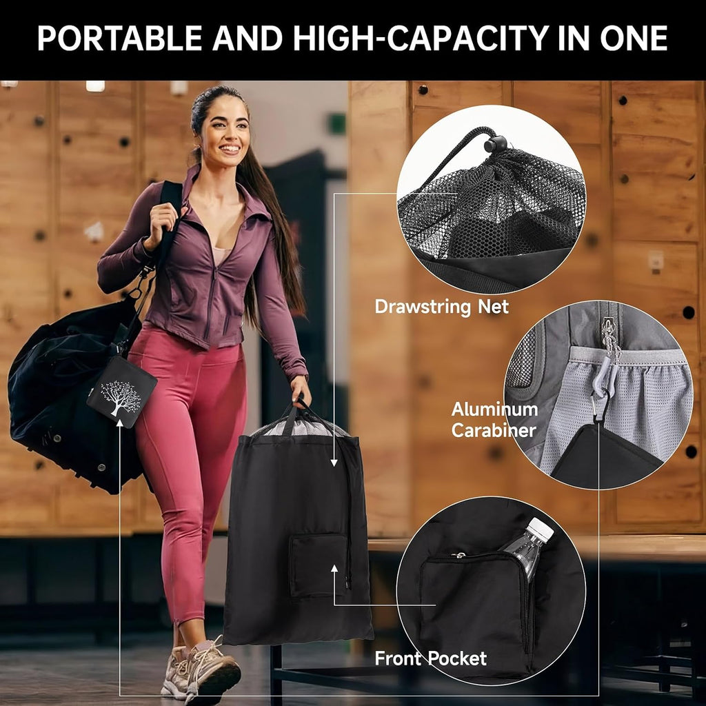 2 Packs Travel Laundry Bags, CLEADUS Foldable Dirty Clothes Bag 【Upgraded】 with Drawstring Mesh, Handles, and Carabiner, Portable, Suitable for Travel, Gym, Camping (Black)