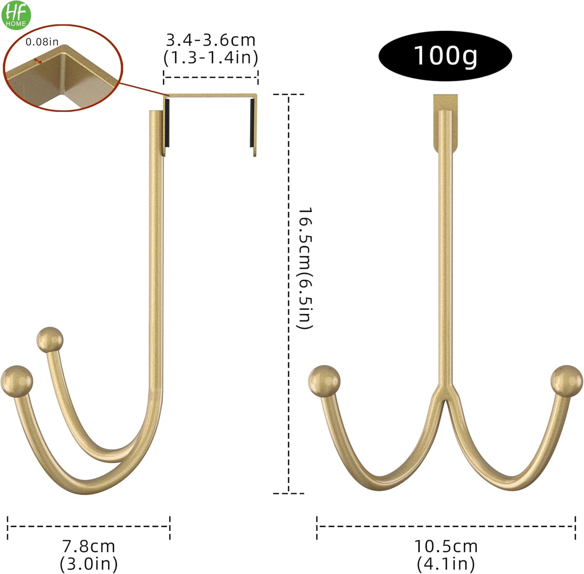 HFHOME 2Packs Over The Door Double Hanger Hooks, Metal Twin Hooks Organizer for Hanging Coats, Hats, Robes, Towels- Gold