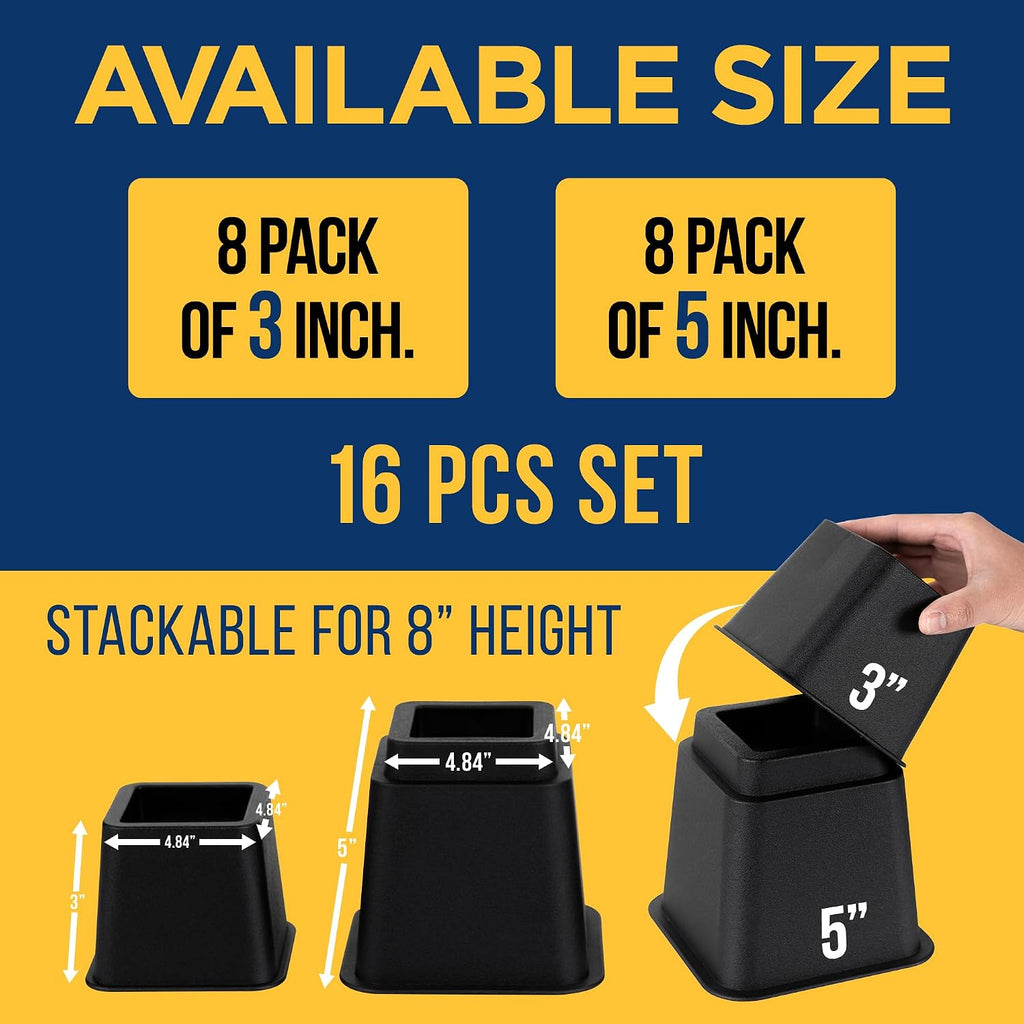 Lifemaster Furniture Riser Set - 16 Pieces Non-Slip Design Furniture Leg Riser fits with Bed, Chair, Table, Sofa, Desk, and Couches - Black