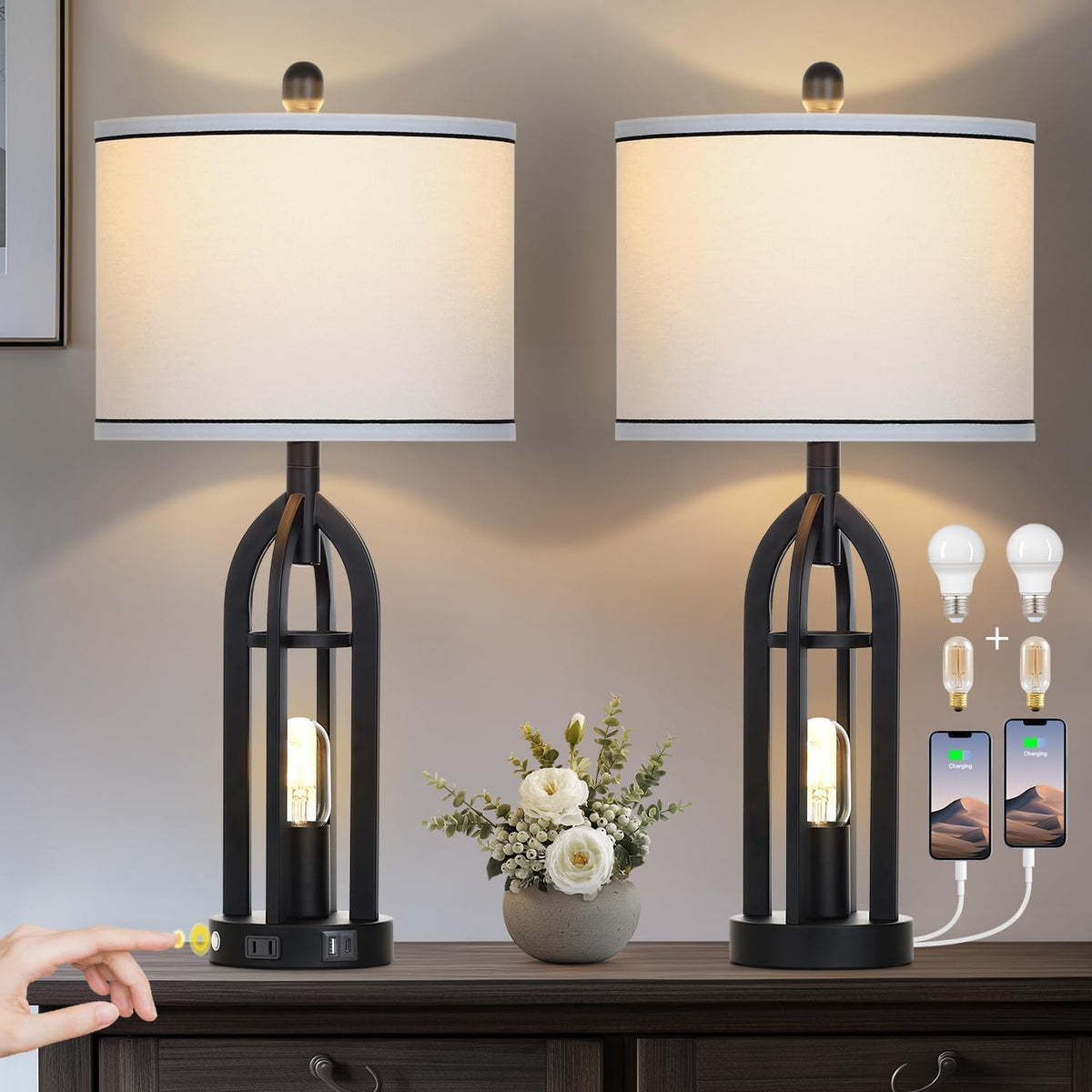 27" Black Table Lamp for Living Room,Black Table Lamps Set of 2 with USB & AC Outlet, 3-Way Dimmable Farmhouse Lamps for Night Stands, Vintage Bedside Lamp for End Tables, Nightstand Lamps for Bedroom