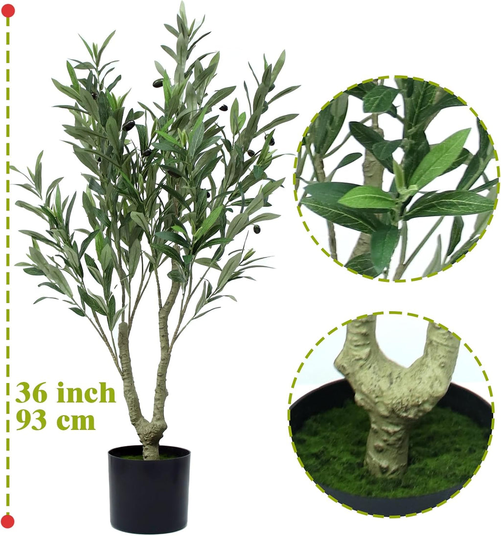 Artificial Olive Tree in Pot, 36" Indoor Fake Olive Potted Plants Faux Greenery Lifelike Tree Plant with Fruits for Livingroom Bedroom Kitchen Office Home Decor (C)