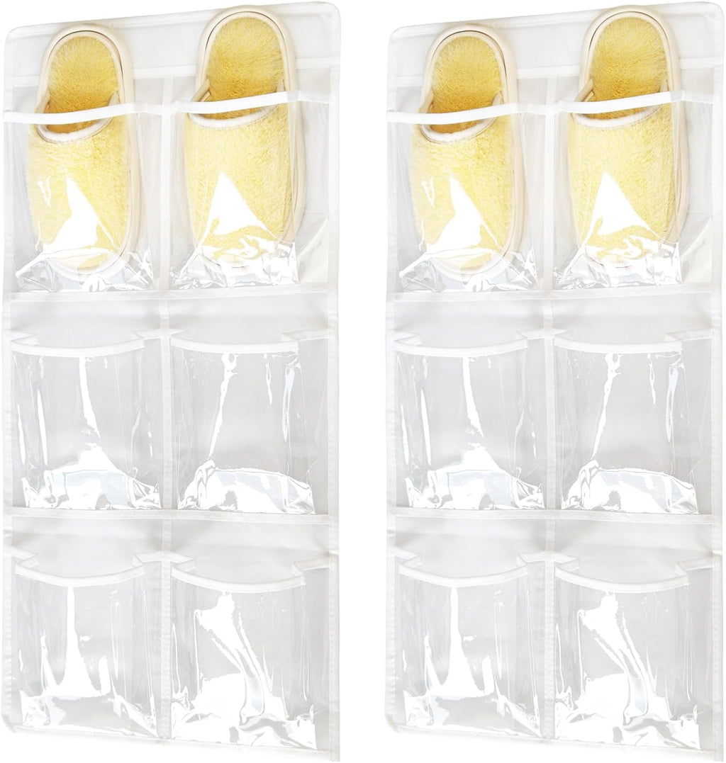 2 Pack 6 Clear Crystal Pockets Large Hanging Shoe Organizer Over The Door Shoe Rack for Closet Door Storage Shoe Holder Hanger, 4 Hooks, White (30'' x 13.8'')