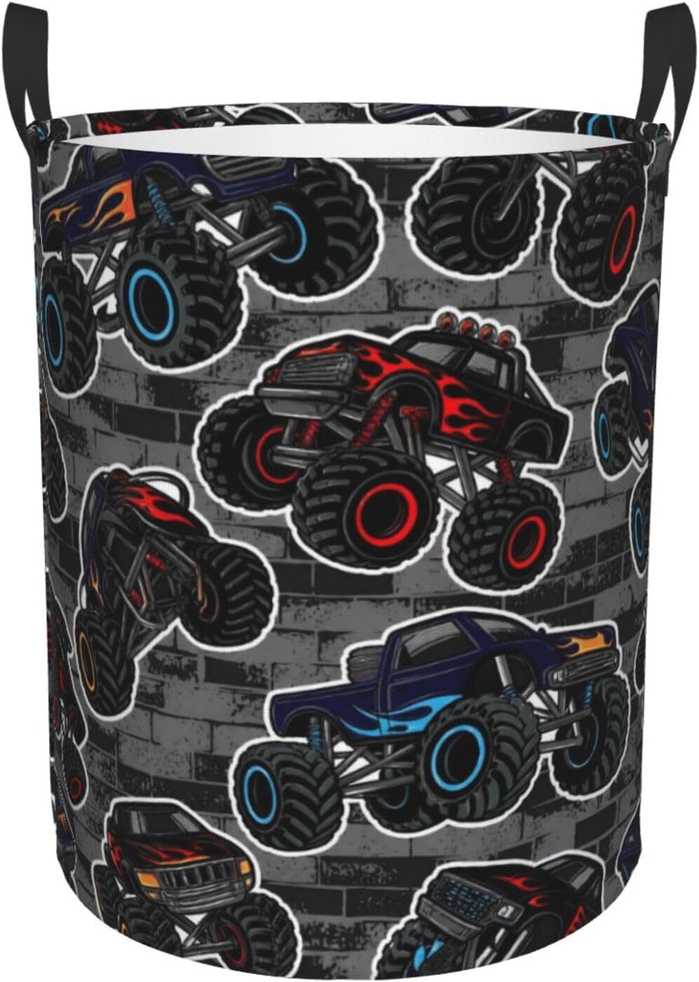 Monster Truck Boys Style Round Laundry Hamper Storage Basket Toys Clothes Organizer Bin For Home Bathroom Bedroom Dorm Nursery, 38l
