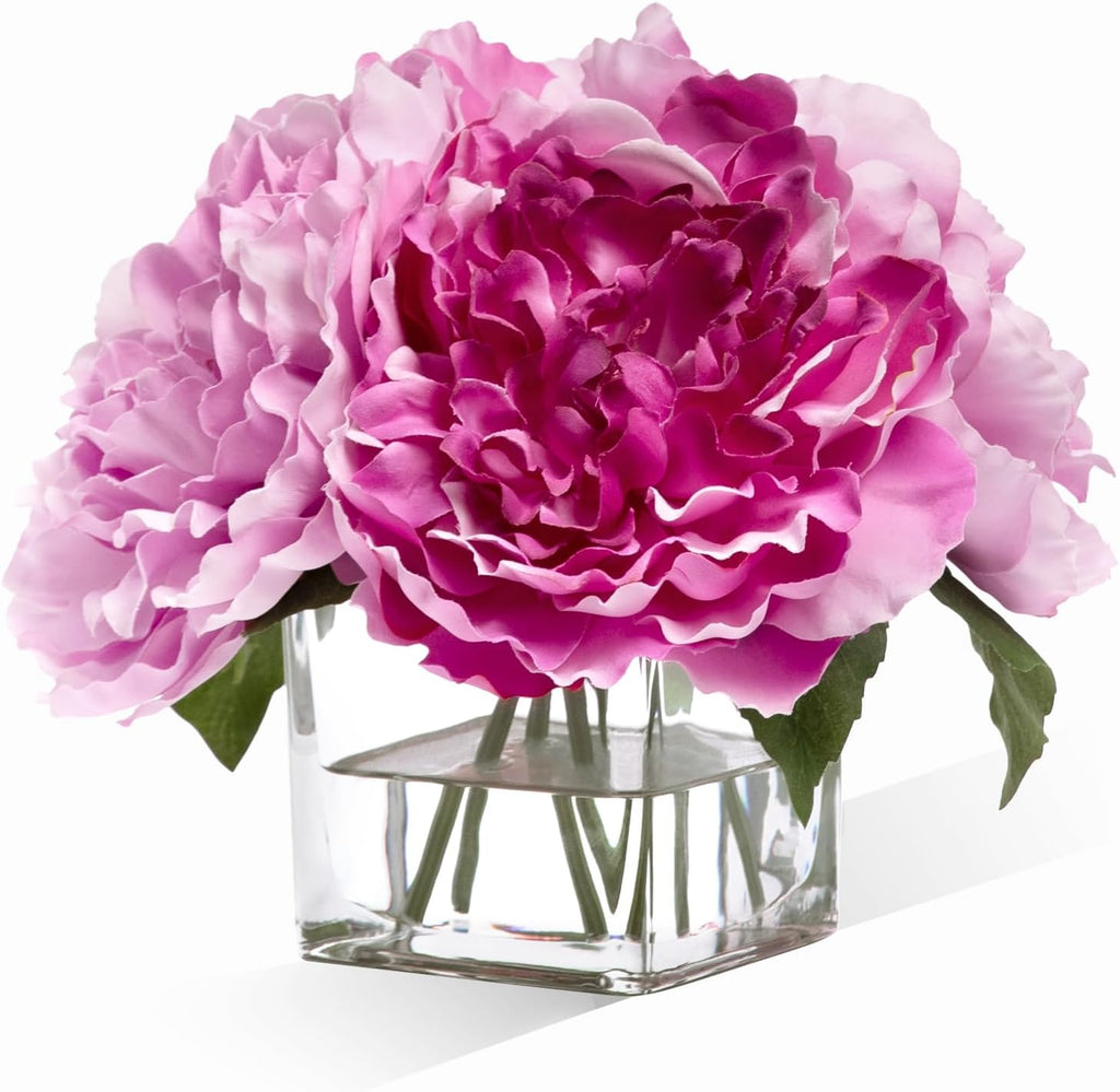 Artificial Peonies Flowers Arrangements in Cube Glass Vase, WELLKNOWN Silk Flower Centerpieces for Dining Room Table, Coffee Table Decor, Faux Peony Flowers with Faux Water (Bicolor Purple)