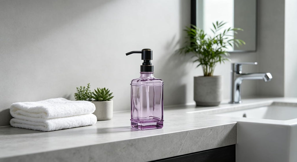 Soap Dispenser，10 Oz Antique Design Thick Glass Hand Soap Dispensers; with 304 Rust Proof Stainless Steel Pump, 6Pcs Stickers, for Kitchen,Bathroom Purple+Oil Rubbed Bronze