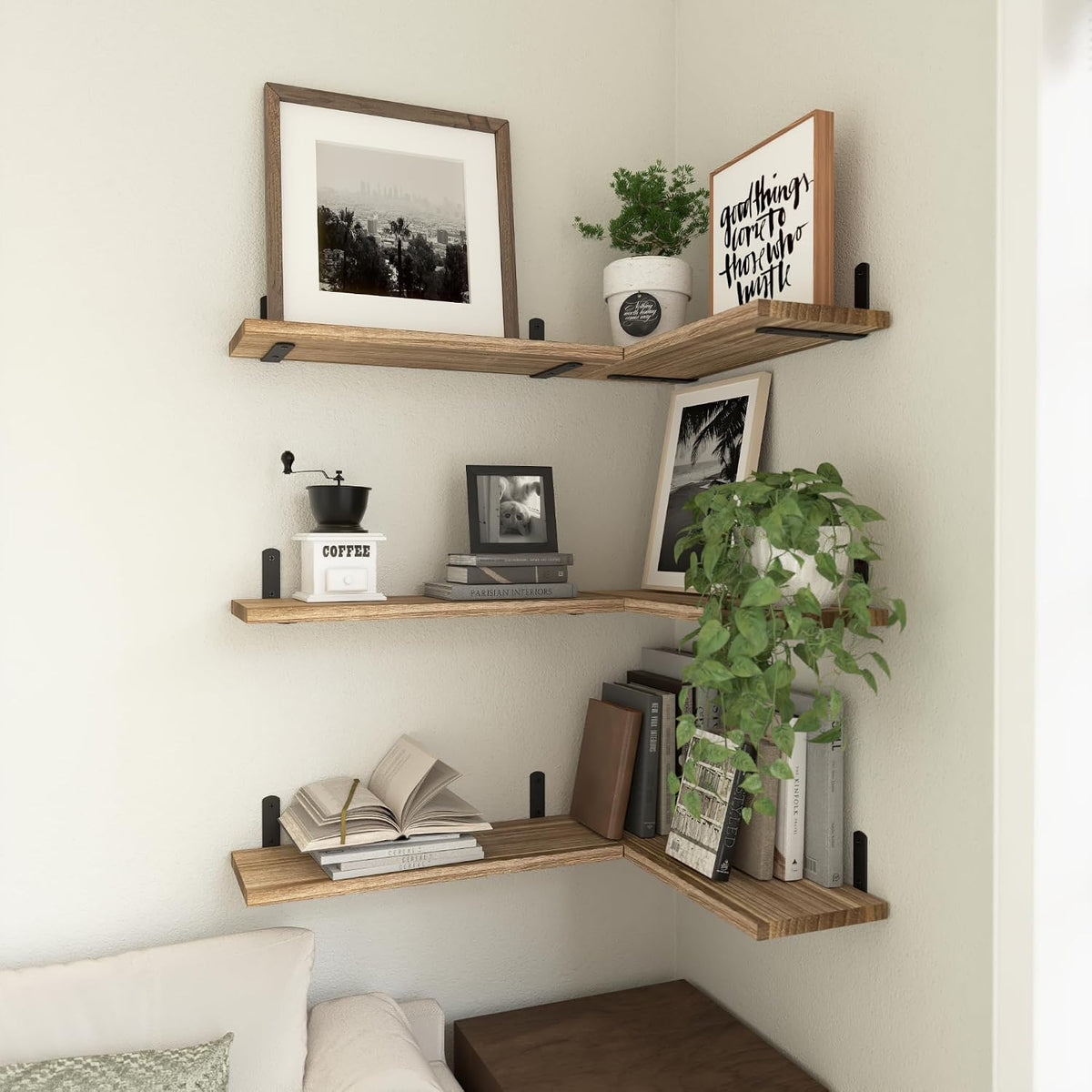 WOPITUES Wood Floating Shelves Set of 6, Shelves for Wall Decor, Farmhouse Shelf for Bedroom, Bathroom Storage Shelves, Book Shelves for Living Room - Rustic Brown (Pack of 2)