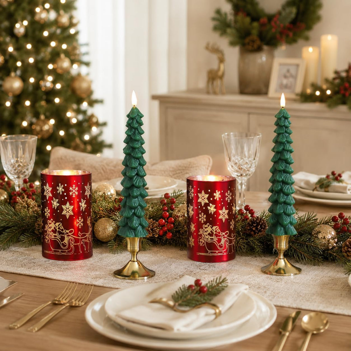 Lezonic Christmas Flameless Candles with Remote, Green Christmas Tree Flickering Battery Operated Window Candlesticks, Red Glass Xmas New Year Decorations Gifts, Set of 4 Real Wax LED Candles