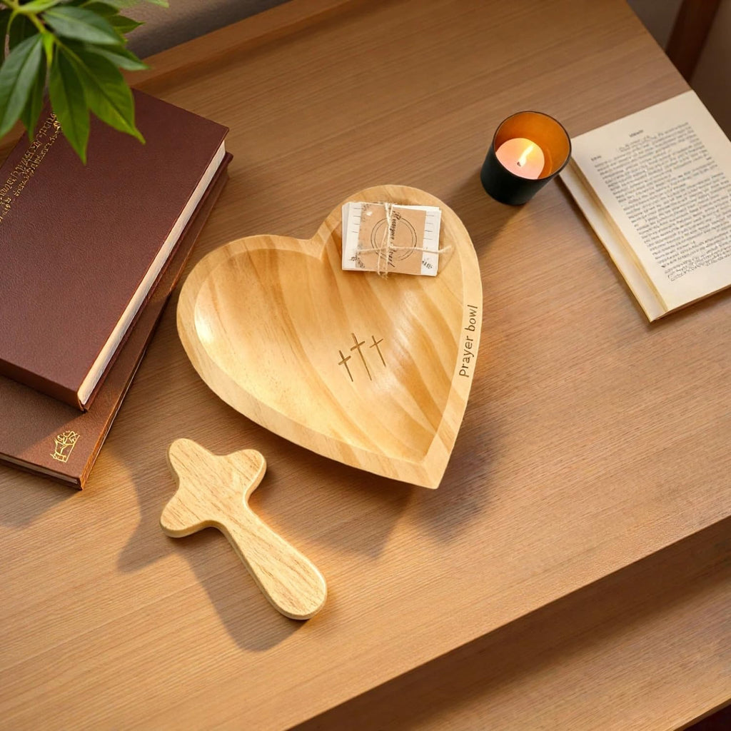 Wooden Prayer Bowl with 24 Cards & Pine Cross, Heart Shaped Christian Premium Solid Heart Container Love Bowl for Home Decor Religious Christmas Men Women Gifts(420g)